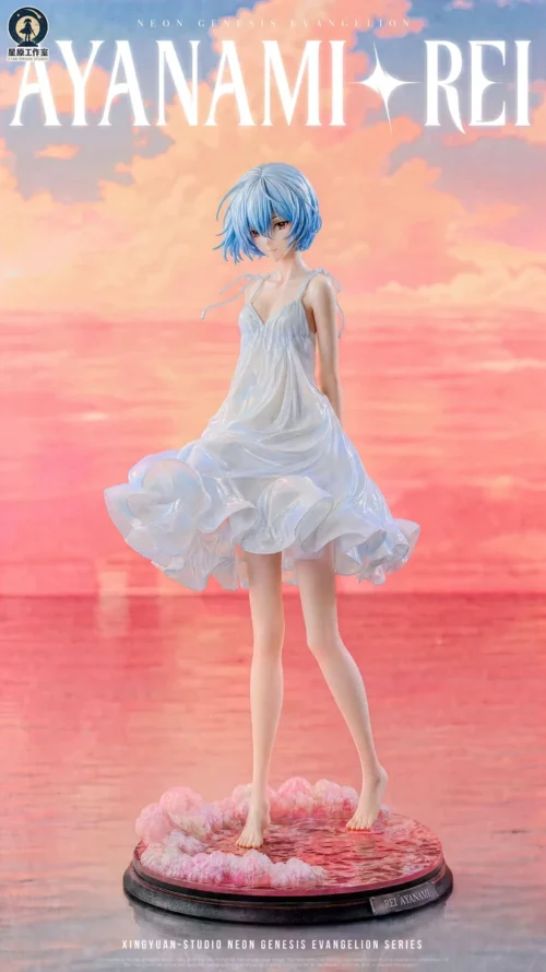 "Exquisite 1/6 Ayanami Rei: Crimson Sea resin statue by Xingyuan Studio. Serene Rei in white, illuminated by a crimson sunset ocean. A premium limited."