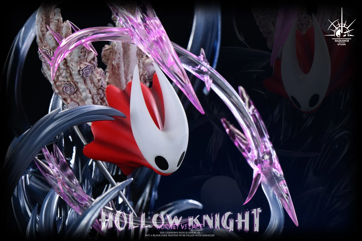 "Dynamic Hollow Knight Hornet vs Lace resin statue with LED. See intricate details and intense battle from different angles."