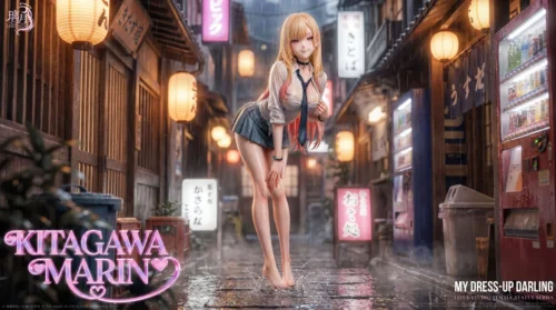 "Marin Kitagawa "Twilight Rain" resin figure showcasing exquisite wet-look school uniform detail and an evocative rainy alley atmosphere on its base."