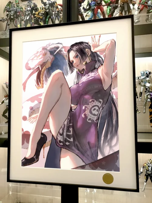 Close-up of the Limited Edition Boa Hancock fine art print, revealing dynamic cosmic details and the sleek black frame at an angle.