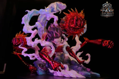 "1/6 Luffy Gear Fourth Snakeman One Piece resin statue. Dynamic pose, intricate sculpt, and light-up LED fist from multiple angles."