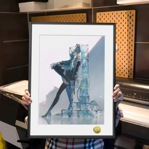 "Dynamic and vibrant Hatsune Miku art print, a limited edition hand-numbered decorative painting by Huang Gua Studio. Features Miku in a captivating."