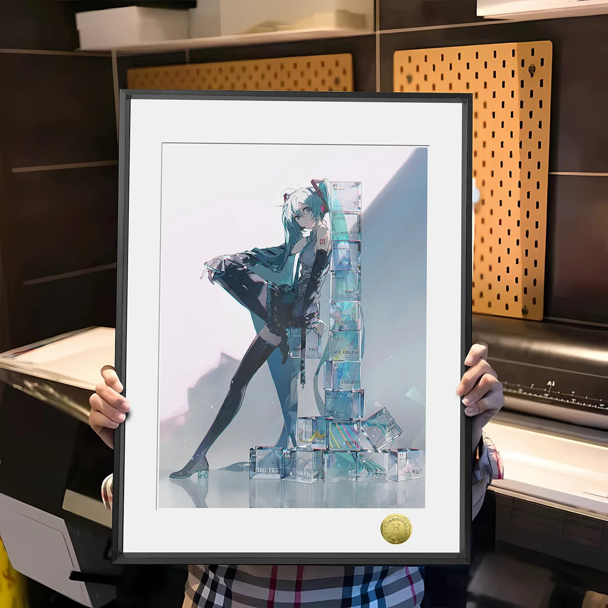 "Dynamic and vibrant Hatsune Miku art print, a limited edition hand-numbered decorative painting by Huang Gua Studio. Features Miku in a captivating."