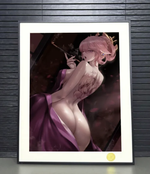 "Close-up of the elegant Yae Miko Genshin Impact decorative painting, showcasing the sleek black aluminum frame and intricate back view artistry."