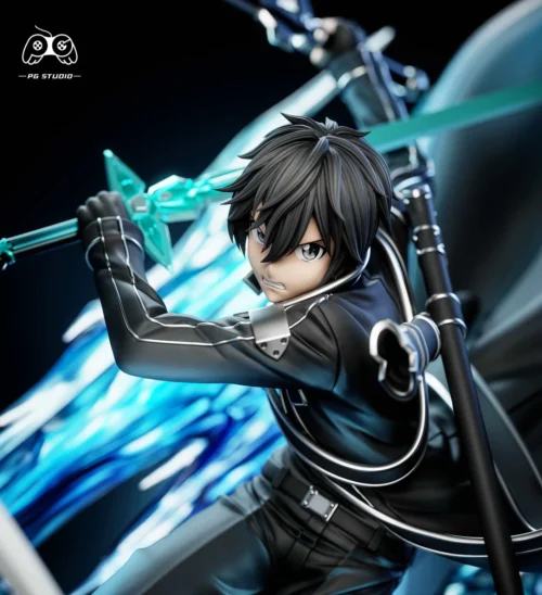 "Detailed gallery of 1/6 Kirito figure from Sword Art Online, showcasing dynamic pose, intricate sculpted details, and vibrant LED lighting."