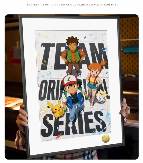 "Vibrant gallery views of the Pokemon Original Trio decorative painting, featuring Ash, Misty, and Brock with iconic Kanto Pokémon. Detailed art.“