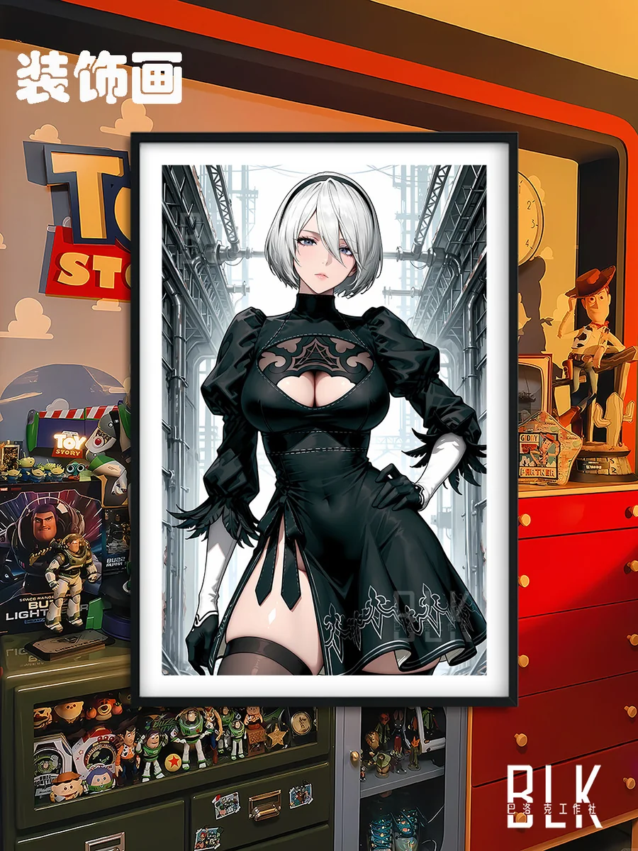 "NieR Automata 2B Art: Main display of a premium Baroque-style decorative painting. Dramatic 2B portrayal blending classical art with dystopian sci-fi."