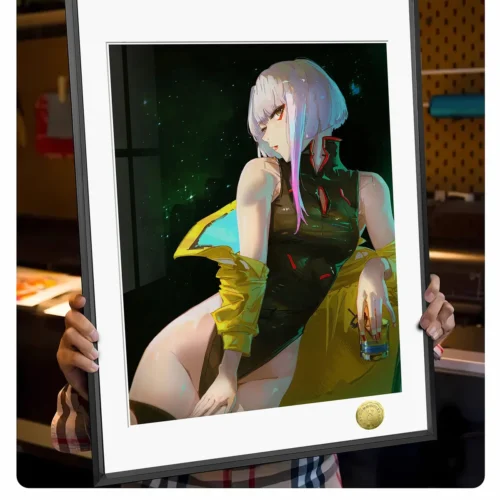 "Detailed gallery of the limited edition framed Cyberpunk Lucy art print, showcasing its vibrant, neon-infused portrait and enigmatic aesthetic."