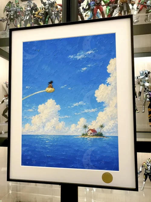 Collector-grade Dragon Ball art print: Kame House under mystical starry sky. This limited edition decorative painting highlights vibrant artistic details.