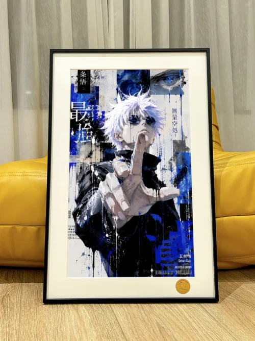 "Dynamic Gojo Satoru in striking graffiti art style against a cosmic backdrop. This limited edition, hand-numbered premium art print captures."