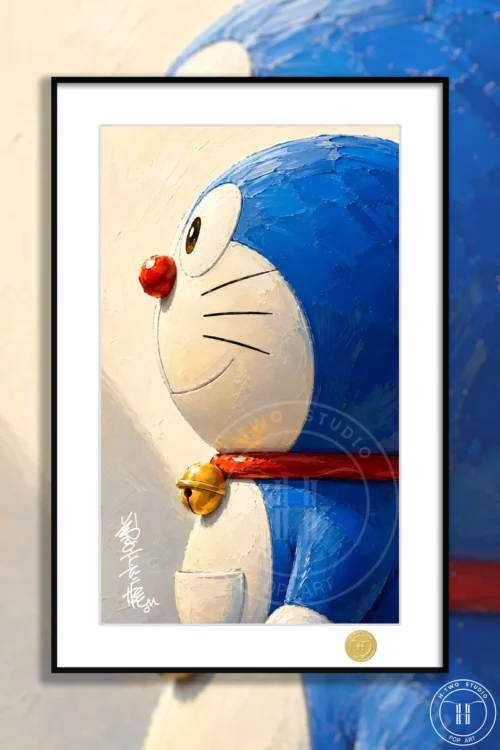 "Limited Edition Doraemon art print, framed. Showcases classic characters in nostalgic oil style with Fujiko F. Fujio replicated signature."