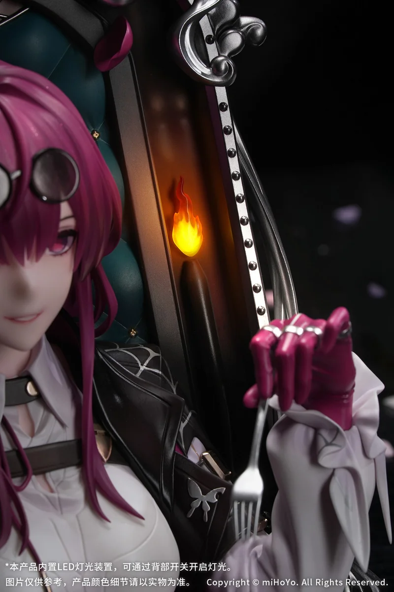 "Official Honkai: Star Rail Kafka Just Wait Ver. Myethos statue. Detailed views highlight enigmatic elegance, dynamic pose, and LED diorama."