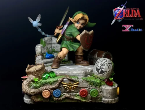 "Heroic Young Link statue in dynamic pose from Zelda: Ocarina of Time, featuring an LED light-up base. Limited Edition."