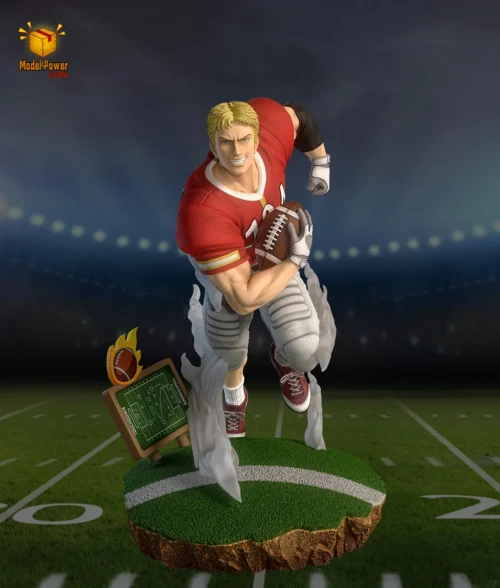 "Model Power Studio American Football Player Resin Statue. Dynamic pose, realistic sculpt, removable helmet, and turf base, captured from all angles."