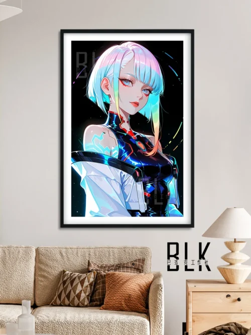 "Vibrant Lucy decorative painting from Cyberpunk: Edgerunners, captured in a detailed view highlighting its striking neon aesthetic and elegant."