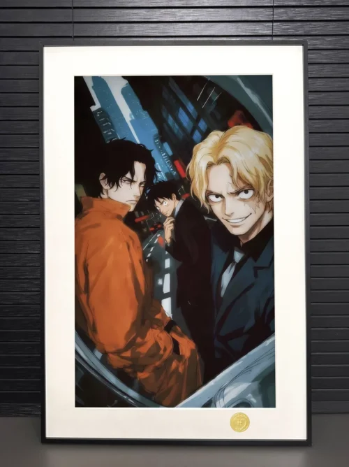 "Close-up of the One Piece Three Brothers painting, a limited edition framed art print, showing vibrant anime of Luffy, Ace, and Sabo."