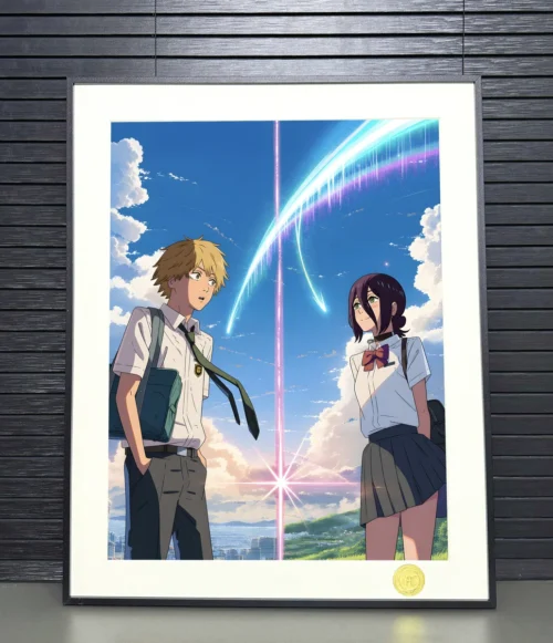 "Gallery of the limited edition H-TWO Studio Chainsaw Man print, revealing the romantic Denji and Reze decorative painting's vibrant illustration."
