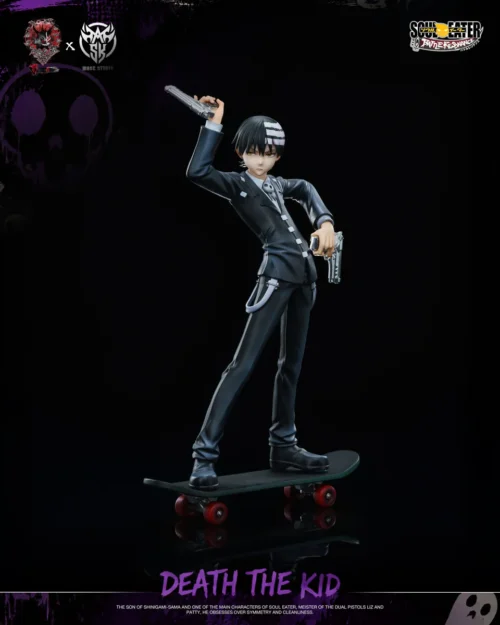 "Premium 1/6 Soul Eater Death the Kid statue, showing dynamic sculpt, interchangeable parts, signature weapons, and thematic base from multiple angles."