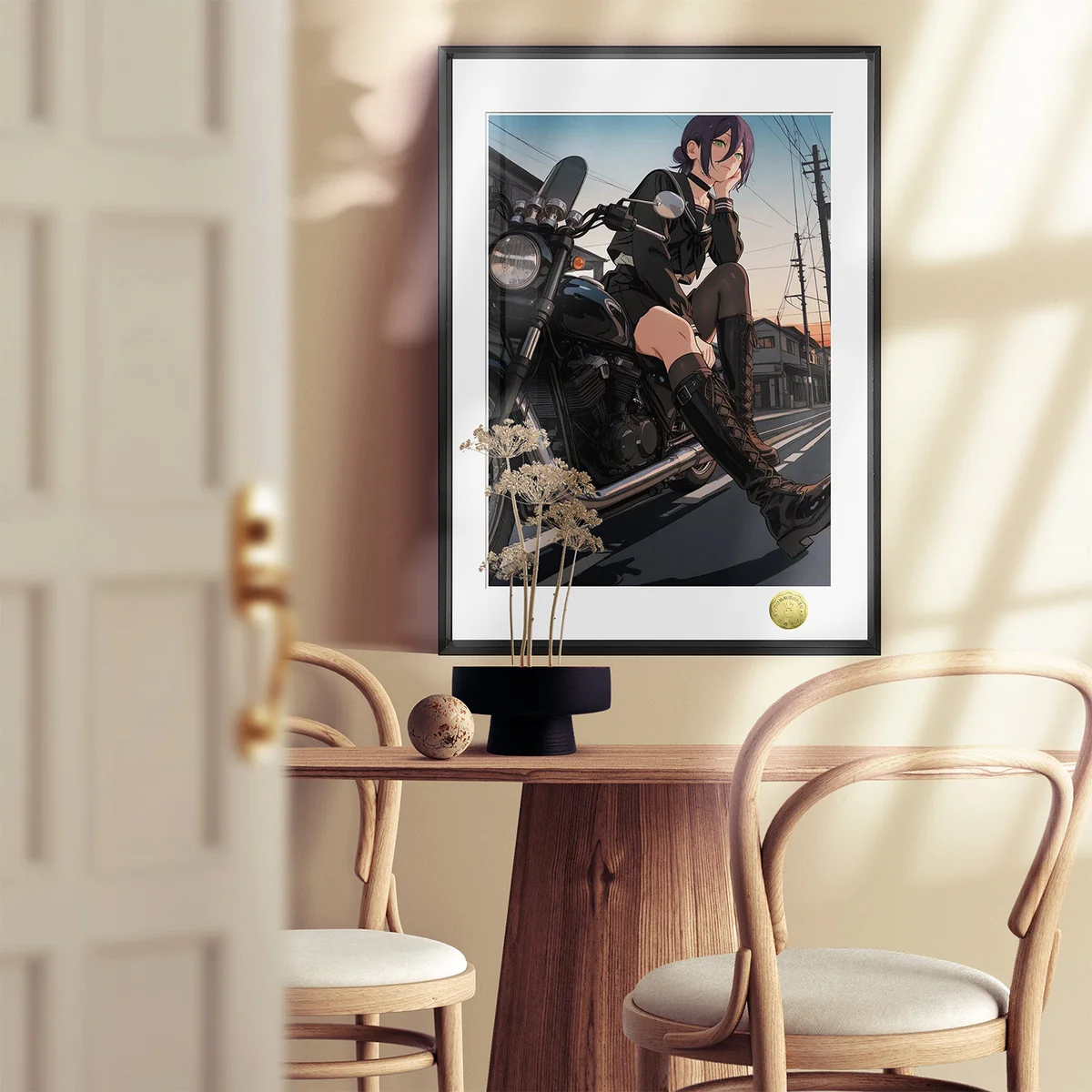 "Limited edition Chainsaw Man Reze Motorcycle Girl fan art painting. Dynamic views show Reze's explosive charm and intricate details."