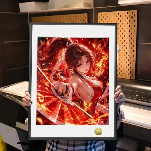 "Dynamic limited edition Mai Shiranui KOF fan art print, showcasing vibrant colors and a stylized action pose. A premium decorative painting."