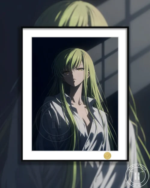 "Limited edition Code Geass CC decorative painting, showcasing an elegant, thoughtful CC in a shirt, beautifully framed by H-TWO Studio."