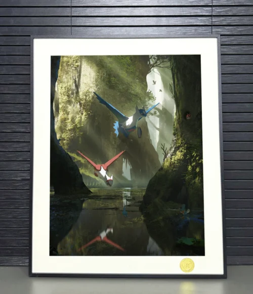 "Limited edition Latios and Latias Pokémon giclée art print, showcasing vibrant flight details and modern frame, highlighting its artistic quality."