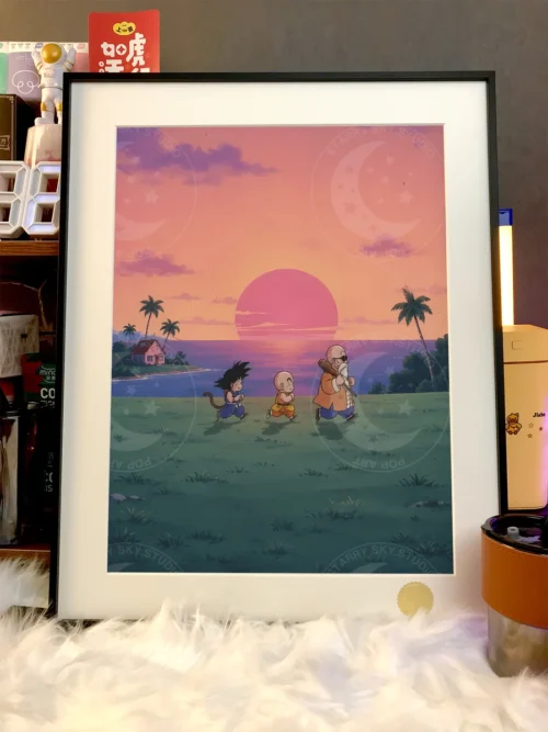 "Close-up of the ultra-limited, hand-numbered Dragon Ball Master and Apprentice Training art print, revealing intricate character artistry and cosmic."