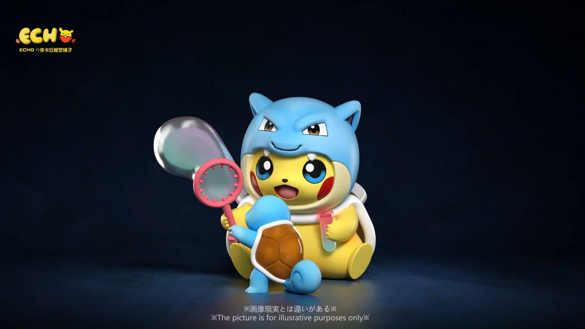 "Charming Pikachu Kanto Starters Evolution Cosplay figures by ECHO Studio, showcasing unique sculpted details of Pikachu adorably dressed as final evo