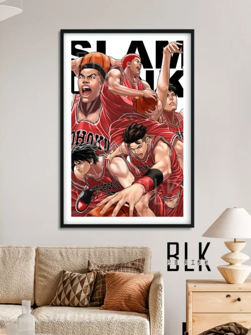 "Premium Slam Dunk Shohoku Five anime wall art, vividly depicting the iconic basketball team in dynamic action on this vibrant decorative painting."