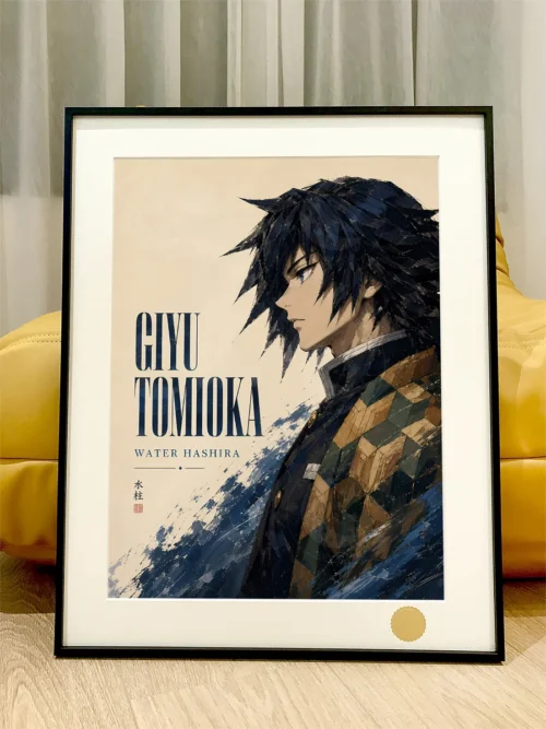 "This premium limited edition Giyu Tomioka Demon Slayer framed art print powerfully depicts his dynamic Water Breathing pose."