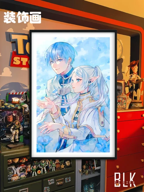 "Exquisite Frieren and Himmel premium art print from Frieren: Beyond Journey's End, featuring a serene portrait adorned with symbolic blue flowers."