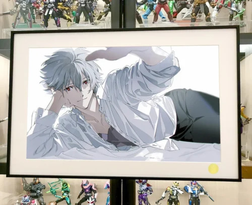 "Premium limited edition Evangelion Kaworu Nagisa art print. Close-up of serene reclining Kaworu against cosmic starry sky, highlighting exquisite."