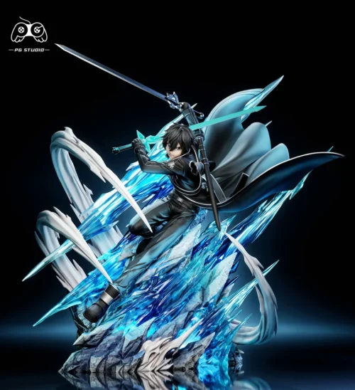 "Premium 1/6 Kirito LED figure in dynamic pose, glowing within a shattered digital landscape. Sword Art Online limited edition statue by PG Studio."