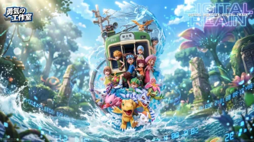 "Epic Digimon Adventure statue featuring 8 DigiDestined and their Digimon in a dynamic diorama with integrated LED lighting, highlighting the glowing."