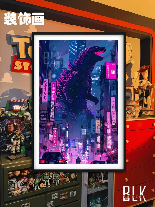 "Main image of the unique Baroque Godzilla art decorative painting, showcasing the King of Monsters with dramatic classical grandeur in a premium frame."