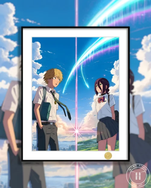 "Romantic limited edition Chainsaw Man art print featuring Denji and Reze in a vibrant, framed anime illustration from H-TWO Studio."