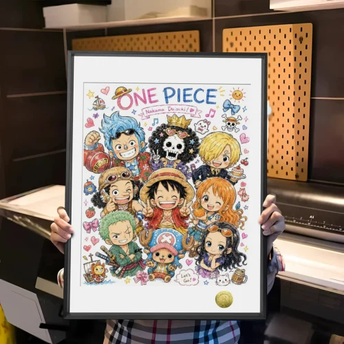"Playful Chibi One Piece Straw Hat Crew decorative painting, featuring Luffy and friends. This charming art is versatile One Piece Chibi home decor."
