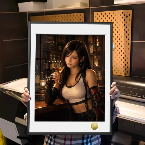 "Exclusive Final Fantasy Tifa Lockhart fan art painting showing Tifa relaxed in a warm tavern setting. A premium, limited edition decorative piece."