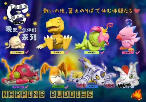 "Sleeping Tailmon Digimon Adventure resin statue. Multiple angles showcase this adorable chibi figure's peaceful nap and charming sculpt details."