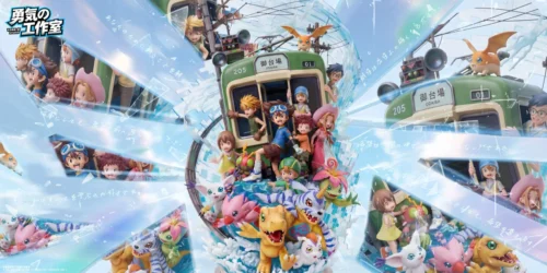 "Courage Studio Digimon Adventure Statue: Epic 8-character diorama with integrated LED lighting, highlighting intricate details from all angles."