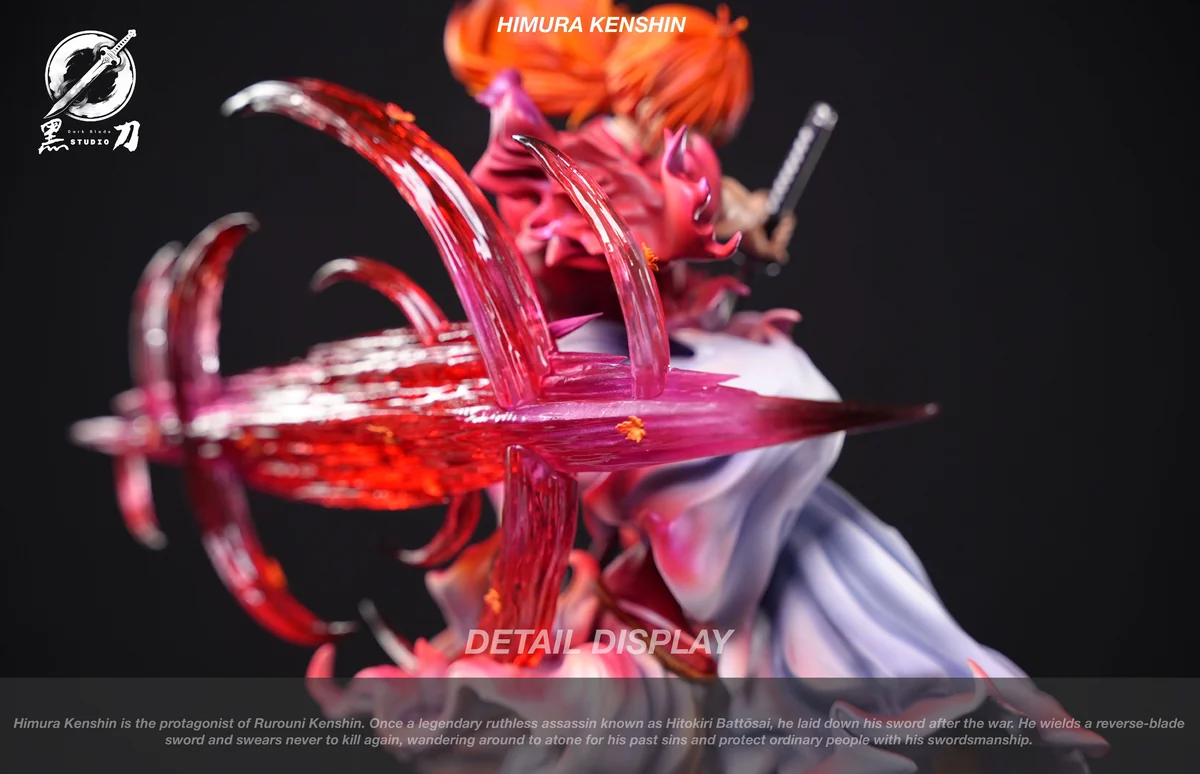 "Close-up of the 1/6 Kenshin Himura (Iaido Ver.) Rurouni Kenshin statue, highlighting intricate sculpt details, dynamic Iaido pose, and dual head."