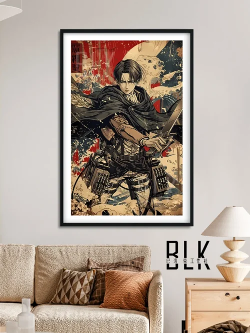 "Explore different angles and intricate details of the exclusive Levi Ackerman Japanese Baroque decorative painting, a dynamic Attack on Titan framed."