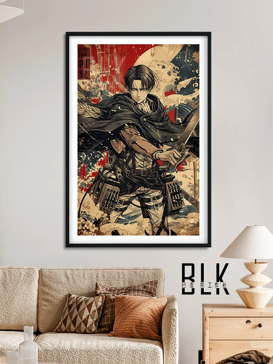 "Explore different angles and intricate details of the exclusive Levi Ackerman Japanese Baroque decorative painting, a dynamic Attack on Titan framed."