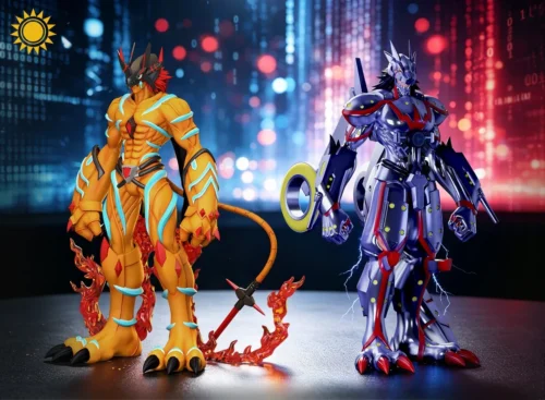 "Premium Agumon & Gabumon Digimon Adventure polystone statue, showcasing the dynamic duo in action poses with elemental effects, highlighting their."