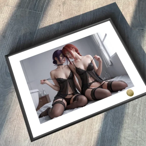 "Chainsaw Man alluring Makima & Reze limited edition decorative painting. Gallery shows dynamic, seductive poses and intricate artistic details."