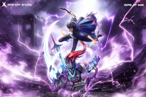 "Epic Solo Leveling Sung Jinwoo & Igris resin statue, dramatically lit by dynamic LEDs. Features dual head sculpts; a premium, limited edition collect."