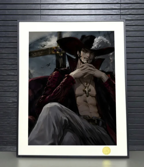 "Premium Dracule Mihawk One Piece H2 Studio limited edition framed anime art print gallery, showcasing vibrant details and elegant frame."