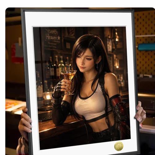 "Close-up of Tifa Lockhart's relaxed expression and the warm tavern setting in this premium Final Fantasy VII decorative painting, highlighting."