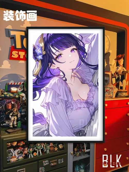 "Exquisite Genshin Impact Raiden Shogun Baroque style decorative painting, featuring her serene beauty and vibrant high-definition artistry."