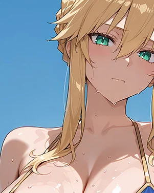 "Close-up detail of the premium Baroque Swimsuit Saber decorative painting, revealing vibrant colors and intricate classical artistic flair from Fate."